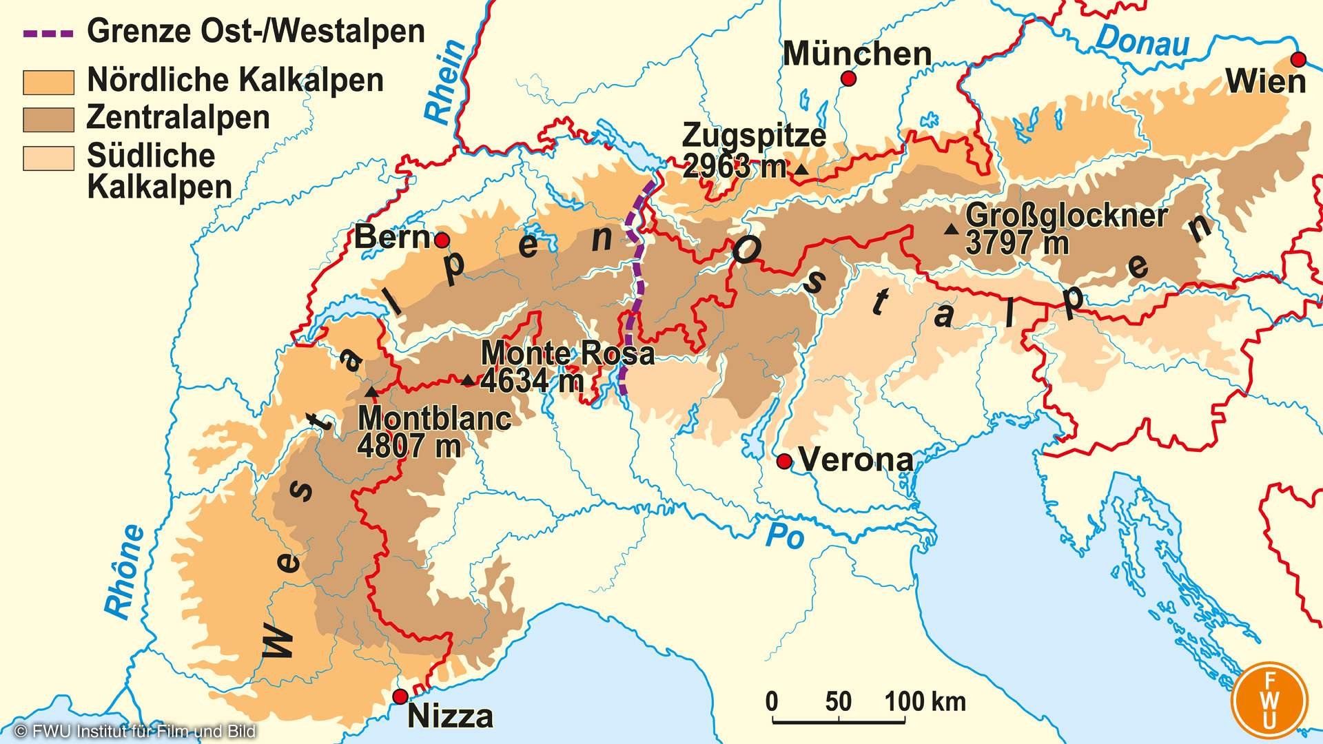 Gliederung der Alpen  (mit Zusatzinformationen)